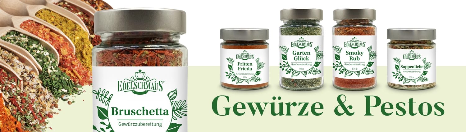 Banner von Edelschmaus mit verschiedenen Gewürzen darauf