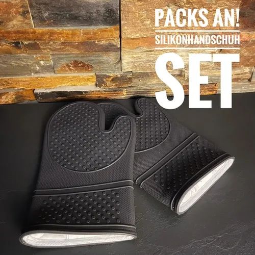 Zwei große graue Silikonhandschuhe zum Anfassen heißer Steine