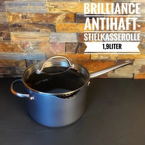Brilliance Antihaft Stielkasserolle 1,9 von Sandys wildes Steinwerk Antihaft Stielkasserolle mit Ausgießfunktion am Deckel